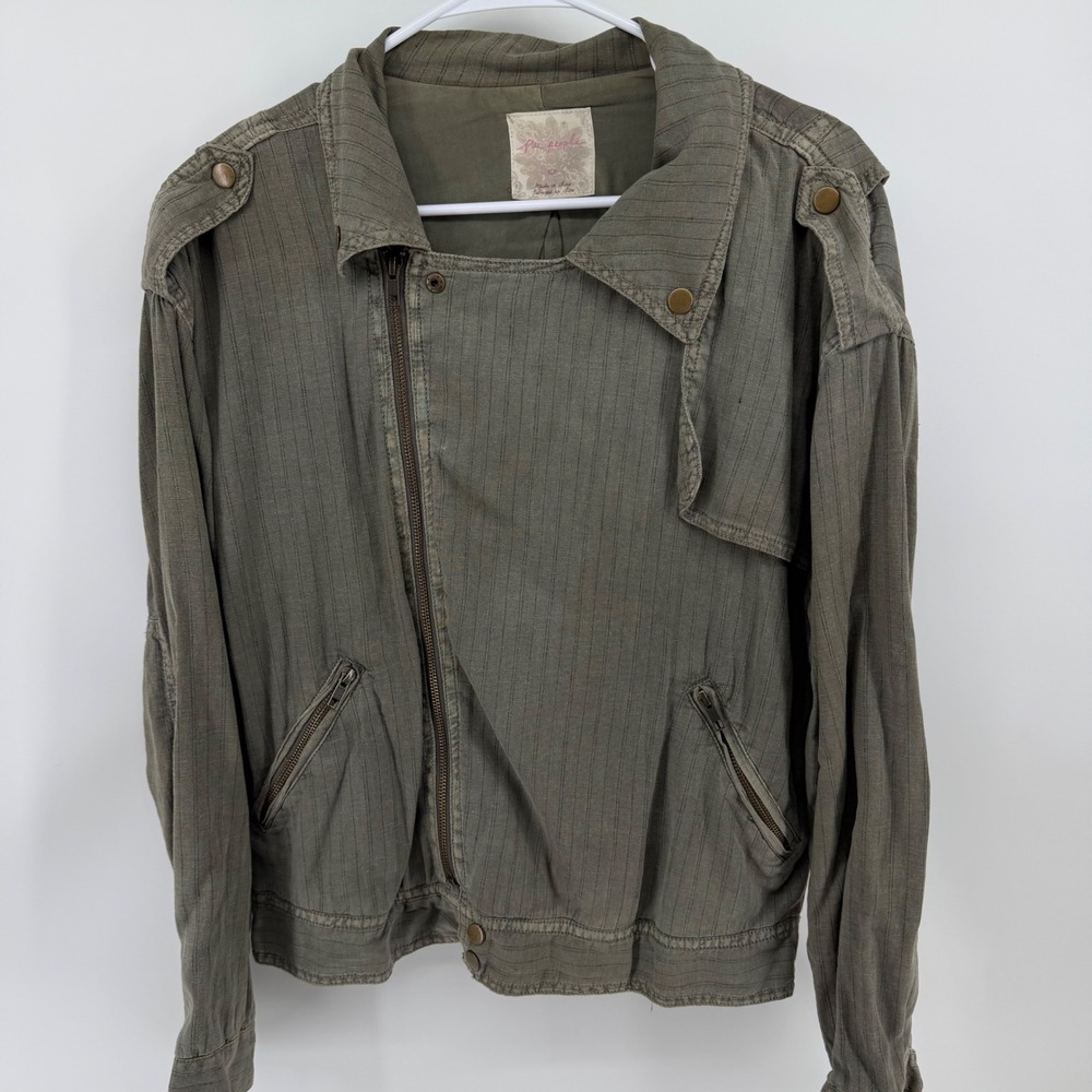 Free‎ People Olive Green Pinstripe Linen Blend Moto Utility Jacket Small S